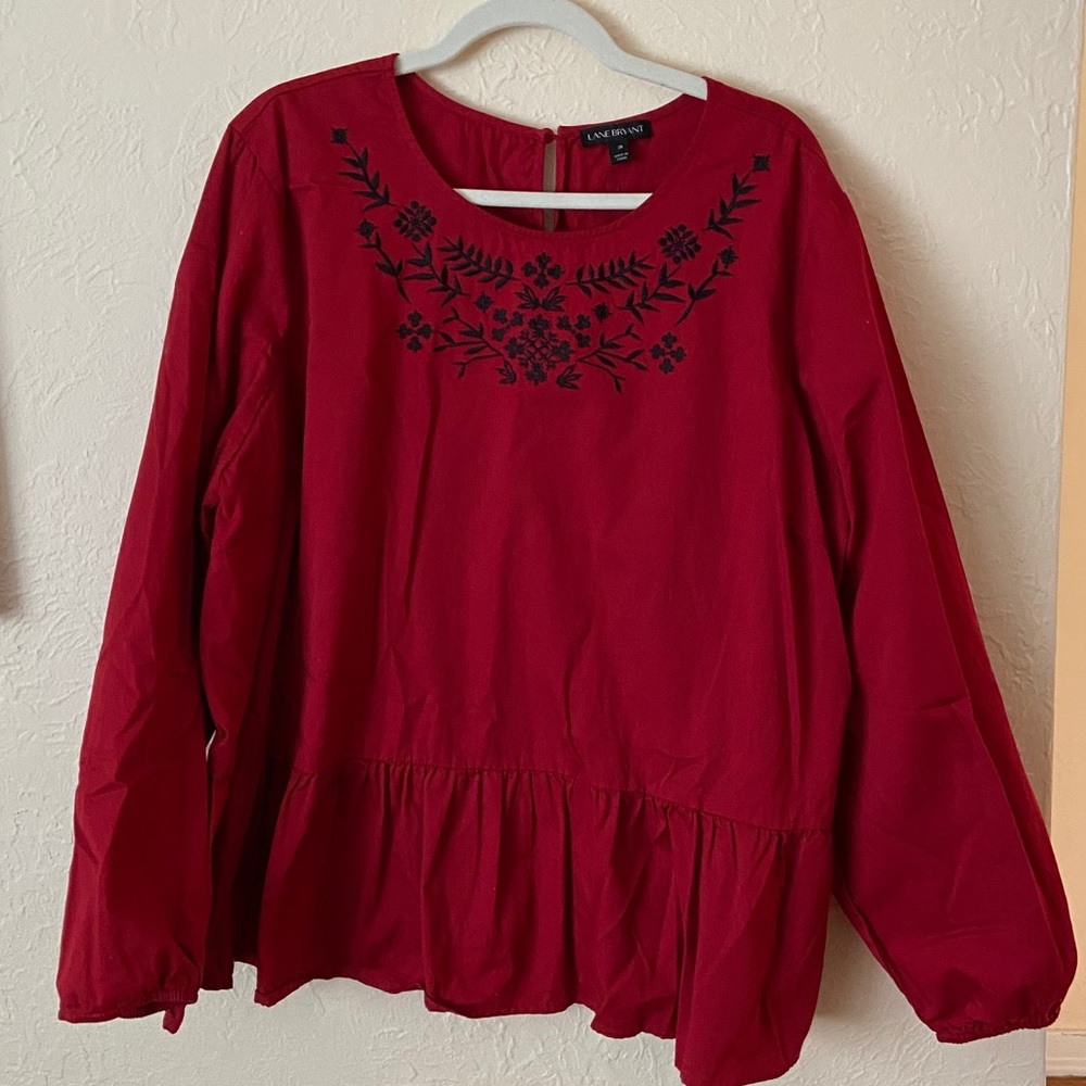 Lane Bryant Red Peplum Top with Black Embroidery